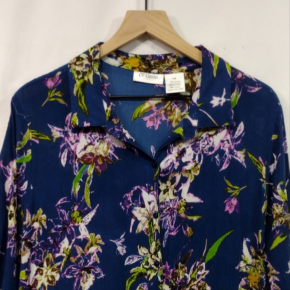 CW Classics Floral Shirt Dress Women's 1X Blue Cottagecore Peasant Retro 90s Y2K - Picture 2 of 8